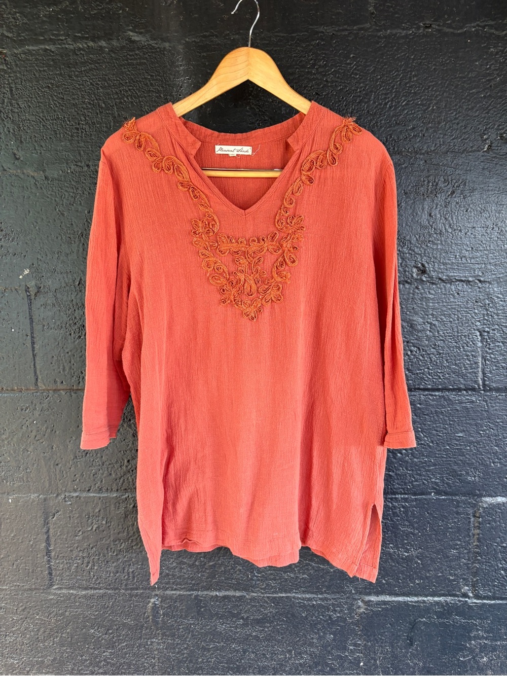 Peasant Boho Embroidered V-Neck 3/4 Sleeve Tunic - Rust Size L